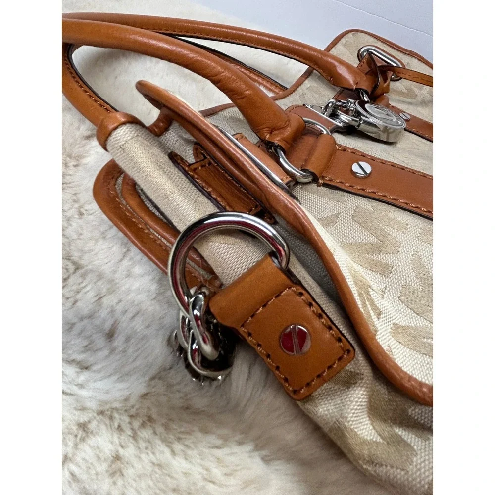 Michael Kors Hamilton Satchel Monogram Canvas Tan Leather Crossbody Bag Dust Bag